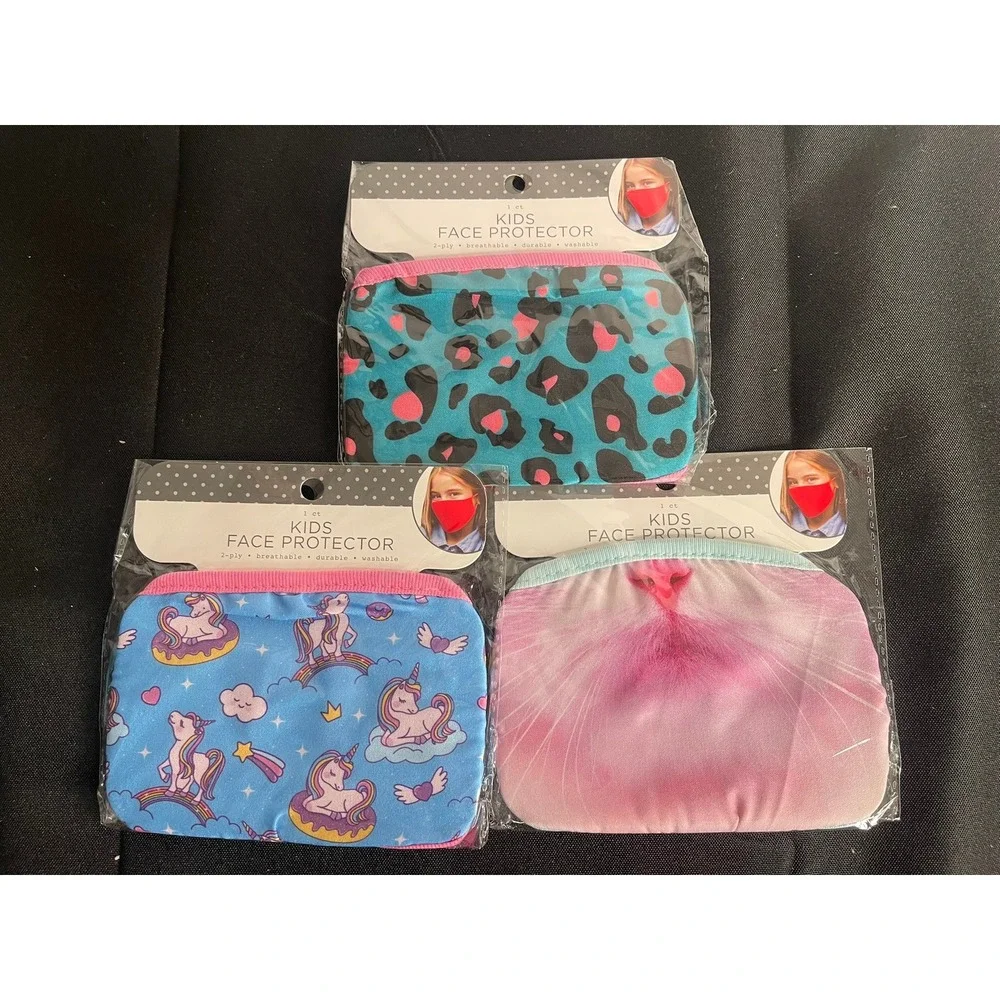 Kids Face Mask Protector 3 Pack Cat Unicorn‎ Leopard Print Reusable Breathable